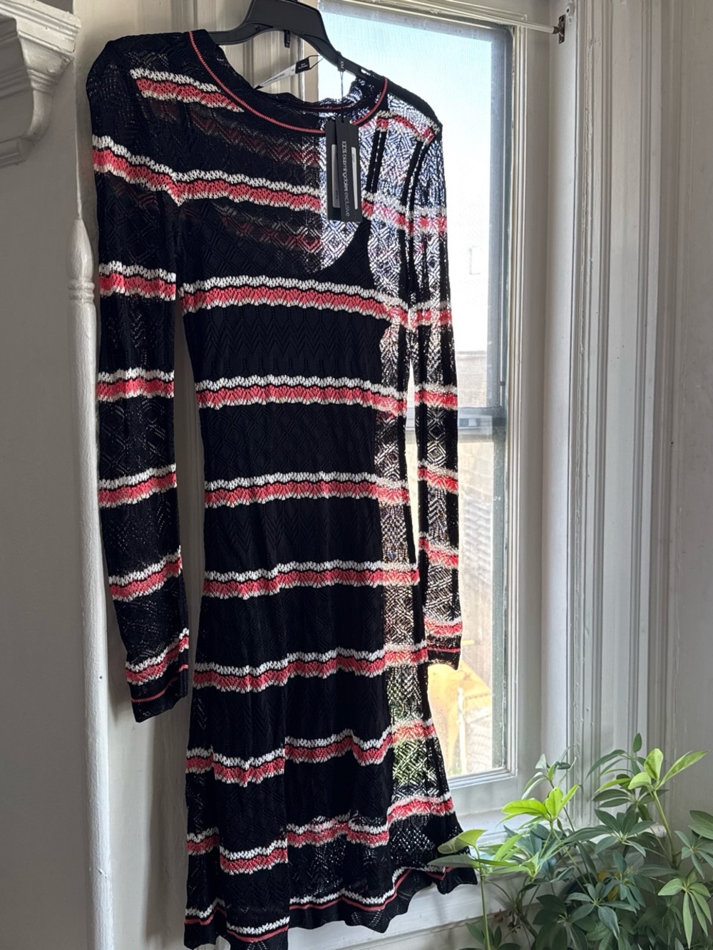 Karen Millen Black Off-the-Shoulder Knit Dress with Red and White Stripes